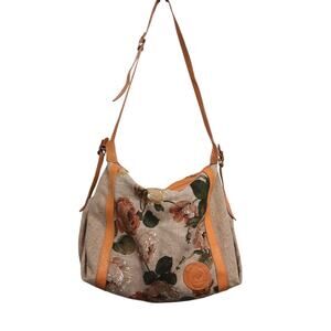 Earthbags Floral Hobo Shoulder Bag Large Brown Neutral Leather Straps Canvas New